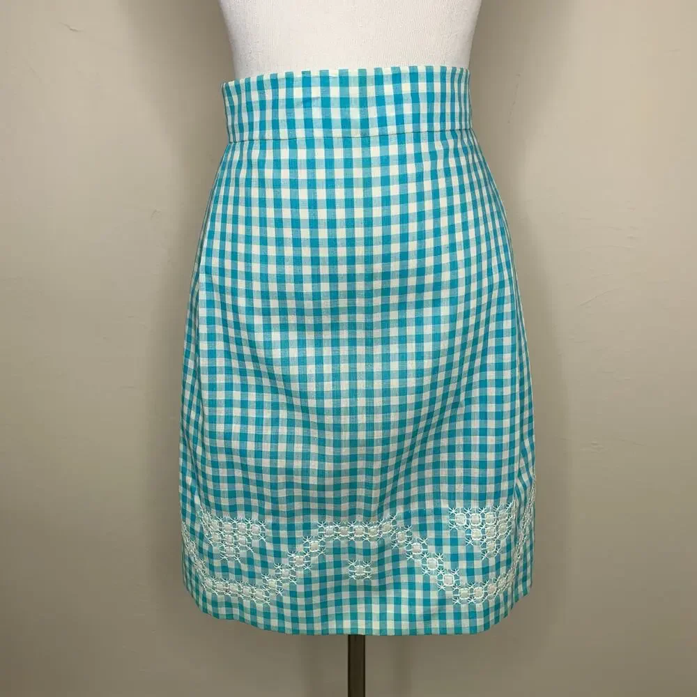 Vintage Turquoise Gingham Half Apron Hand Embroidered OSFM